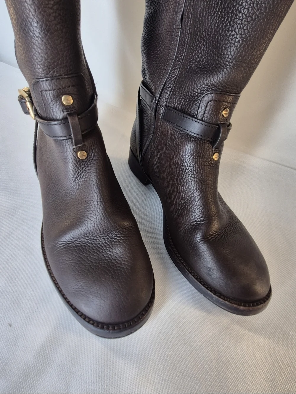 Tory Burch Teresa Women's 9M Riding Boots Brown Pebbled Leather Gold Ligo Buckle
